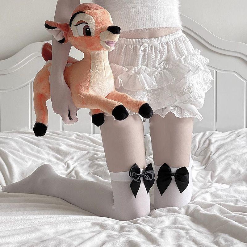 Slim Black Silk Sweet Cute Sexy Knee Socks High Thigh Socks Lolita Bow Jk Stockings Women