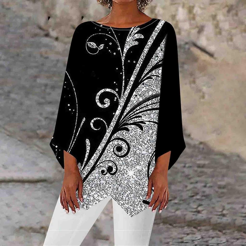 Женские топы с геометрическим принтом и длинными рукавами, дышащая рубашка с круглым вырезом и панелями