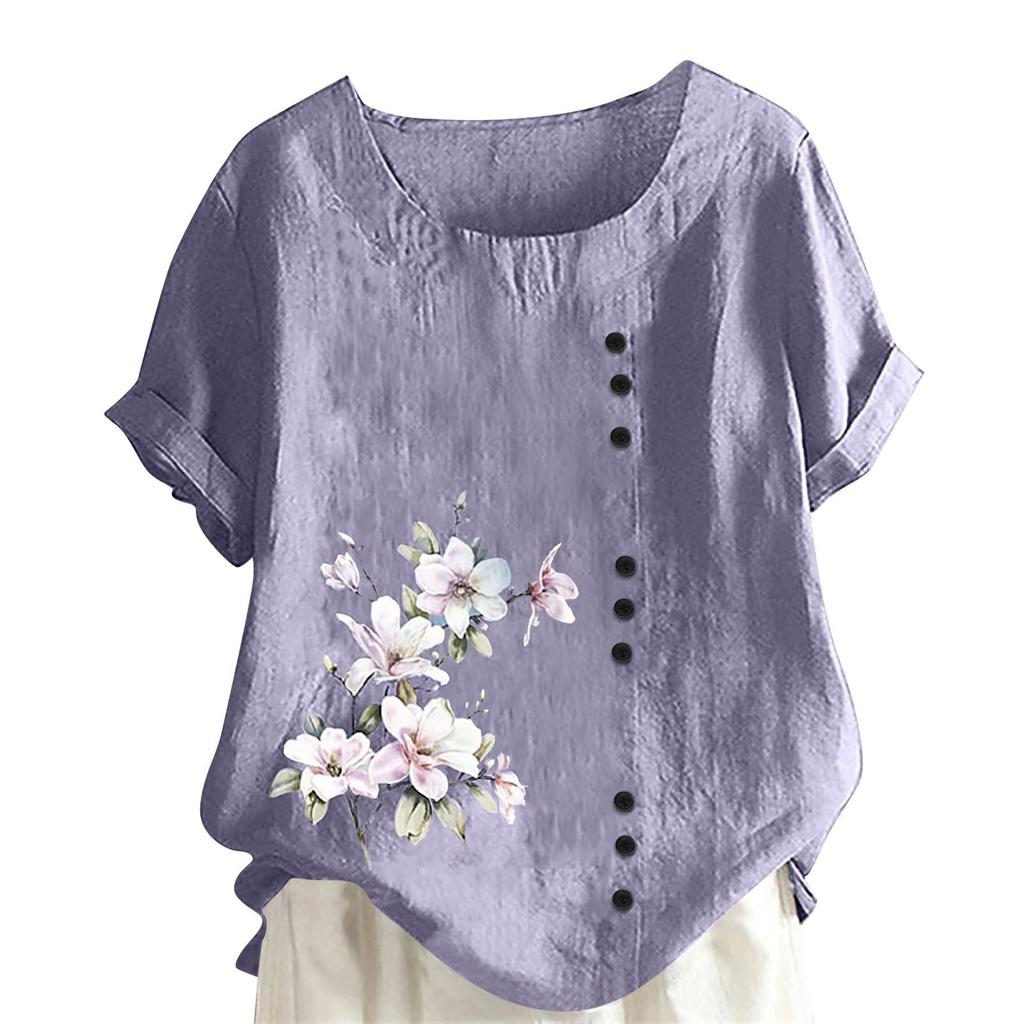 Women's Cotton Linen Round Neck Short Sleeve With Button Tops Printed T-shirt