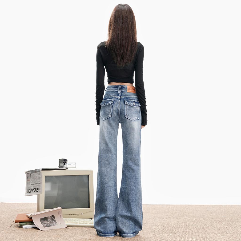 American retro Spice Girl micro-pull jeans women's spring new low-rise slim-fitting elastic horseshoe pants