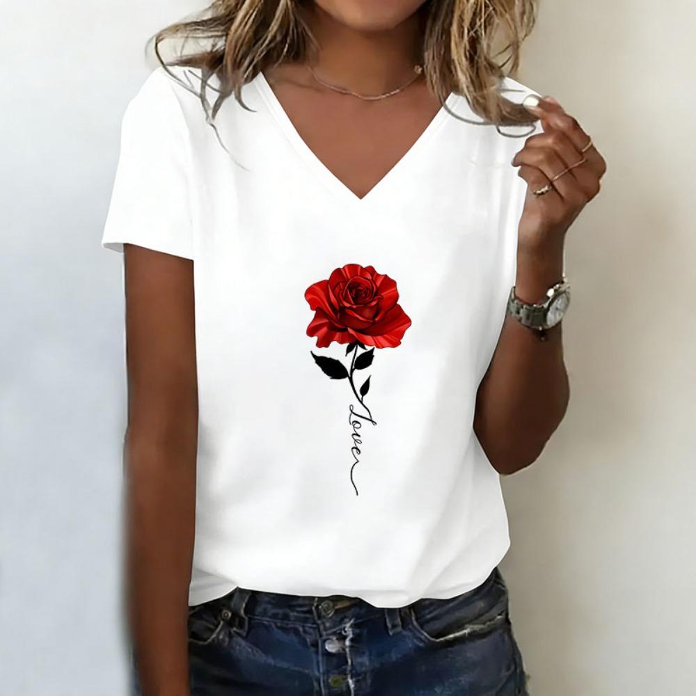 Love Rose T-shirt V Neck Casual Fashion Y2k 90s Printed T Shirts Women Short Sleeve Tee Shirt V-Neck Summer Spring