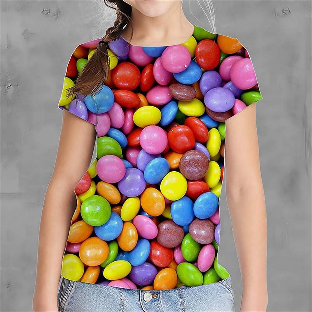 Футболка для девочки с принтом Candy Fun, летняя повседневная футболка с коротким рукавом для девочек, крутая детская одежда с принтом 3D, футболка