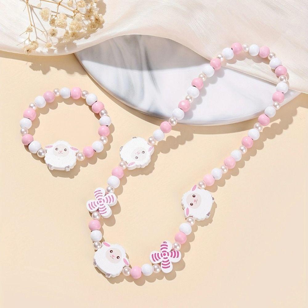 2pcs Cute Cartoon Wood Beads Necklace Animal Shape Children's Necklace Bracelet Jewelry Set