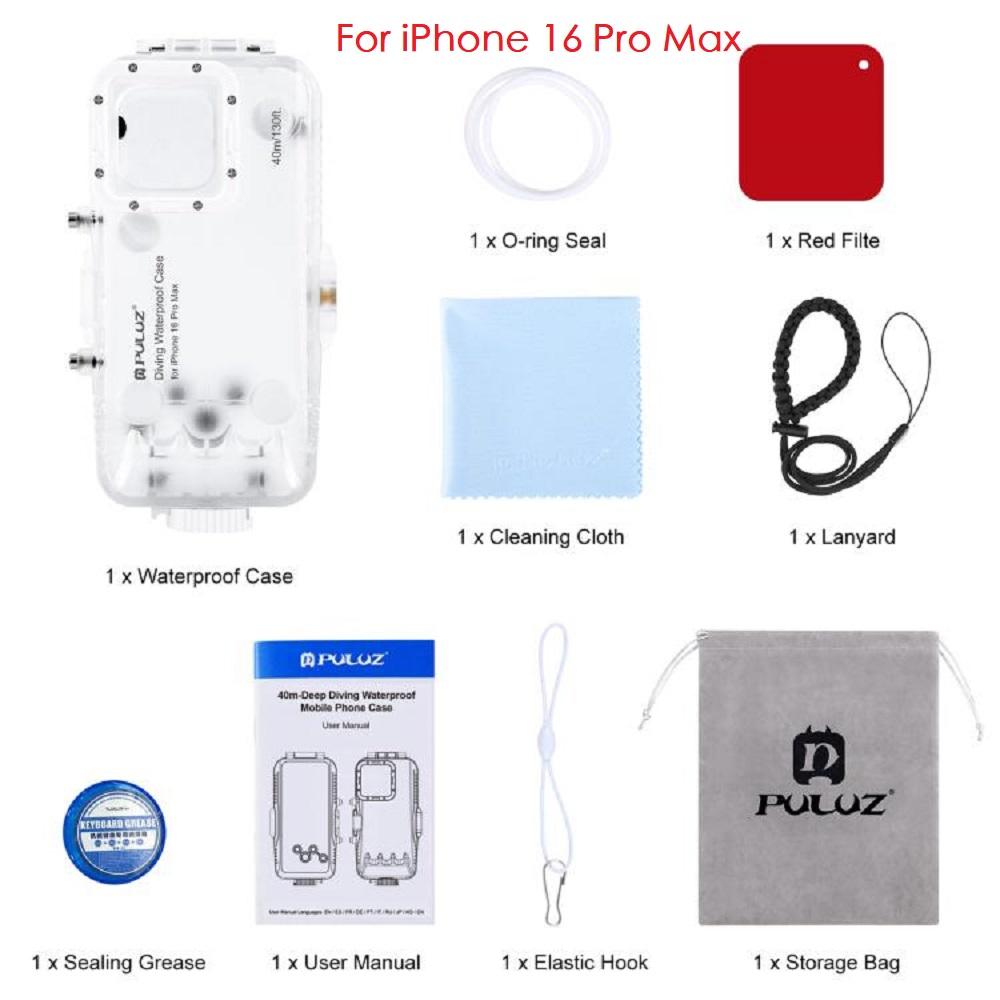 PULUZ Водонепроницаемый чехол для дайвинга 40 м/130 футов для iPhone 16 Pro / iPhone 16 Pro Max Водонепроницаемый корпус