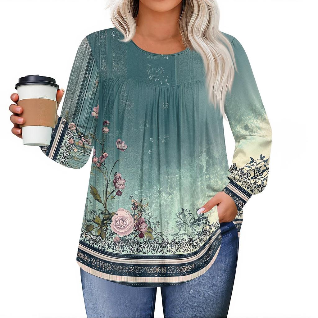 Womens Plus Size Tops Long Sleeve Shirts Round Neck Flowy Tunic Casual Loose Blouse L-5X