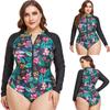 Large Size Women Front Zipper Surfing Wetsuit Modest Printed Swimwear Patchwork Monokini Swimsuit One Piece Long Sleeves Round Neck Bathing Suit