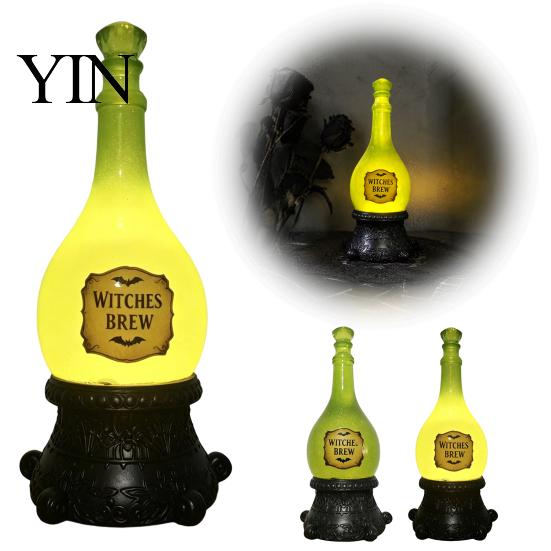Fall Seasonal Gift Lighted Halloween Witch Brew Glitter Light, Gothic Bottle Lamp with Vintage Style Prop Green Glow, Spooky Apothecary Tabletop