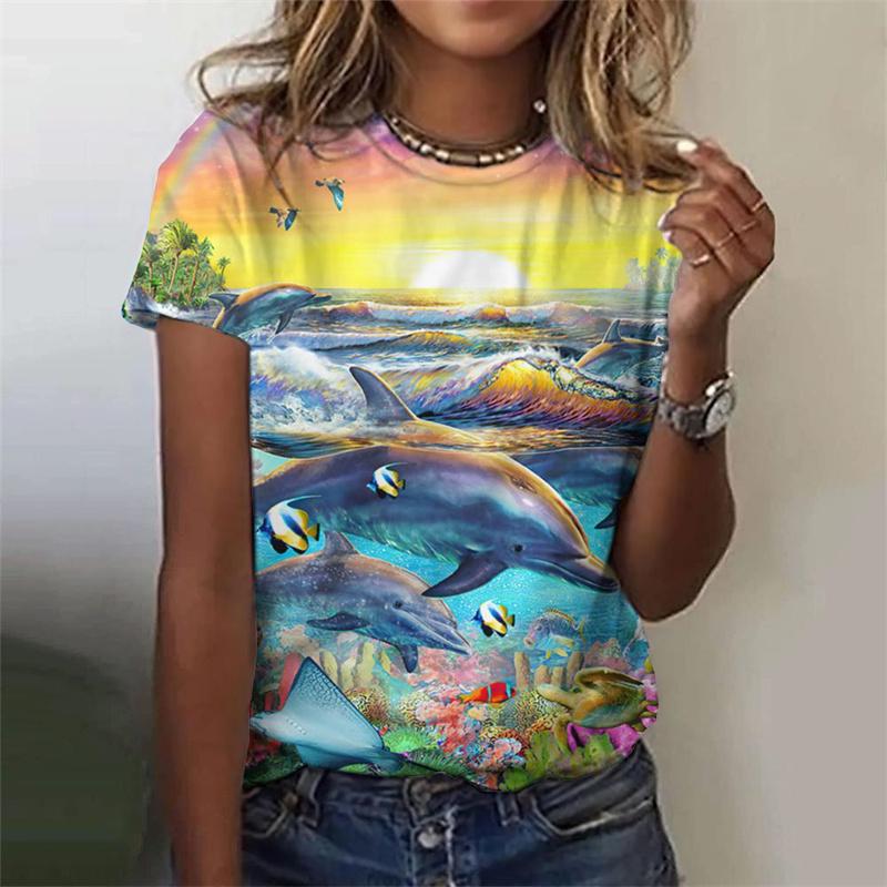 3D Printed Dolphin Wolf T Shirt For Women Marine Life Pattern Short Sleeves Summer Casual O-Neck Tops Tees Loose Women T-Shirts