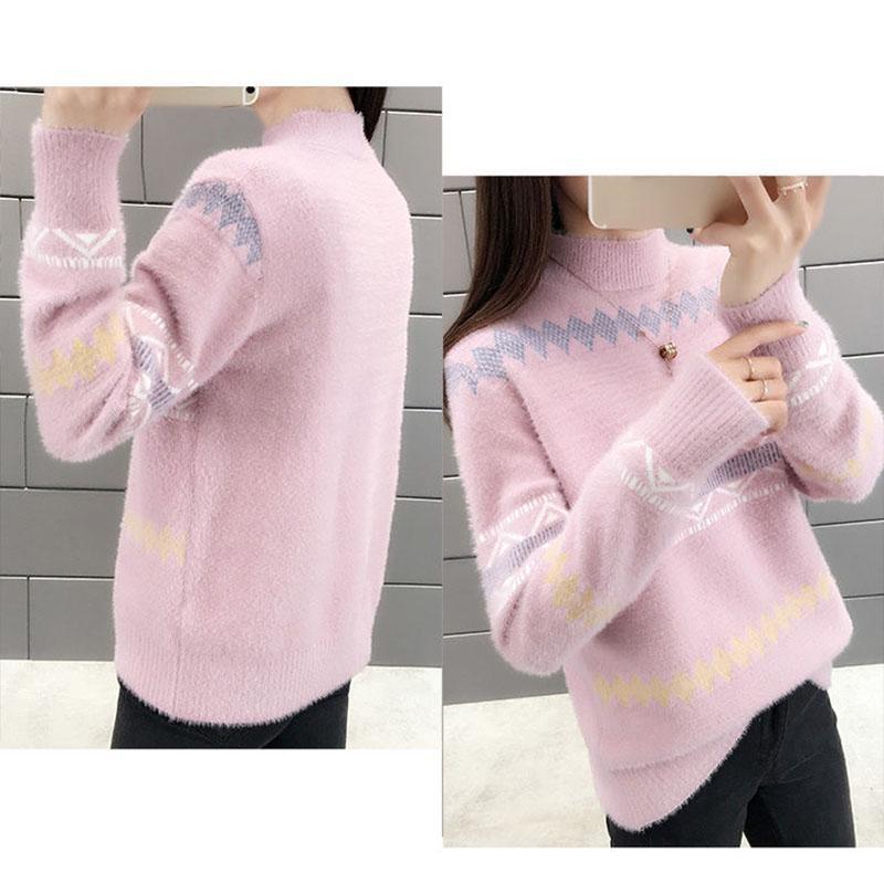 Autumn Winter, Imitation Mink Velvet, Turtleneck, Knitted Sweater, Women, Korean Knitwear, Pullover, Long Sleeve Sweater Top, Turtleneck