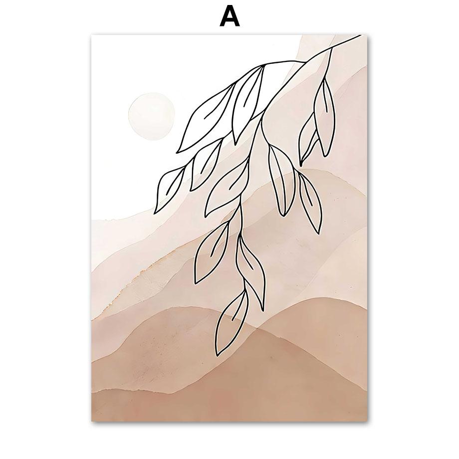 Beige Abstract Line Drawing Leaf Sun Natural Plant Boho Posters And Prints Canvas Painting Wall Art Pictures Living Room Decor