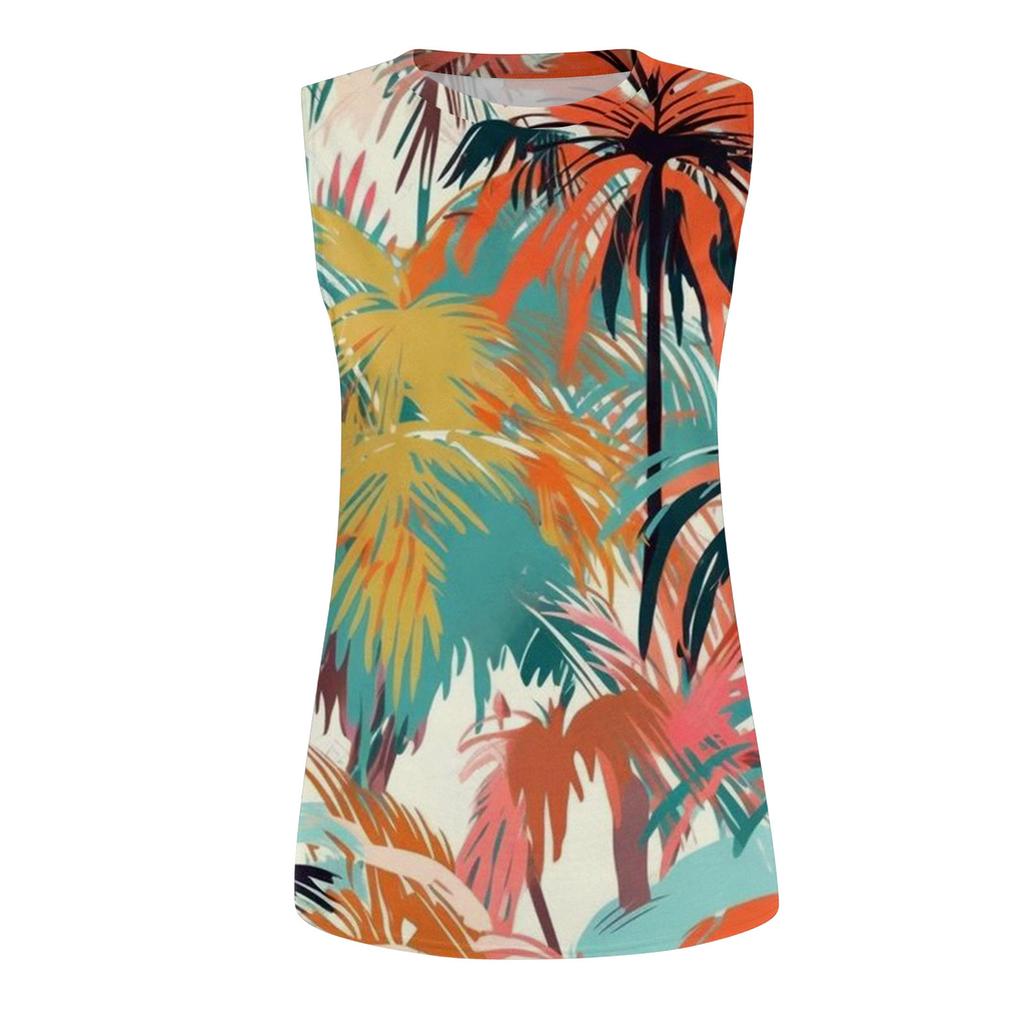 Женская повседневная футболка без рукавов с круглым вырезом и гавайским принтом