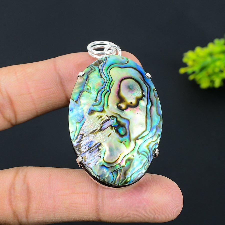 Драгоценный камень из раковины абалона Ручная работа Ювелирное изделие Подвеска из стерлингового серебра 925 пробы 2,56" Y6S67