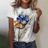 Camiseta Estampada Com Flores 3D Feminina, Blusa De Manga Curta, , футболка Extragrande, Harajuku, Roupa Feminina,