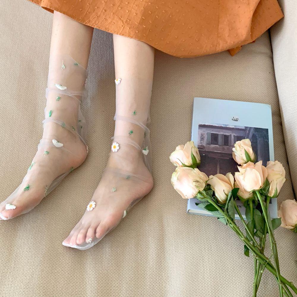Kawaii Socks Women Summer Ultra-thin Transparent Loose Long Socks Floral Embroidery JK Lolita Sweet Girls Cute Mesh Lace Socks