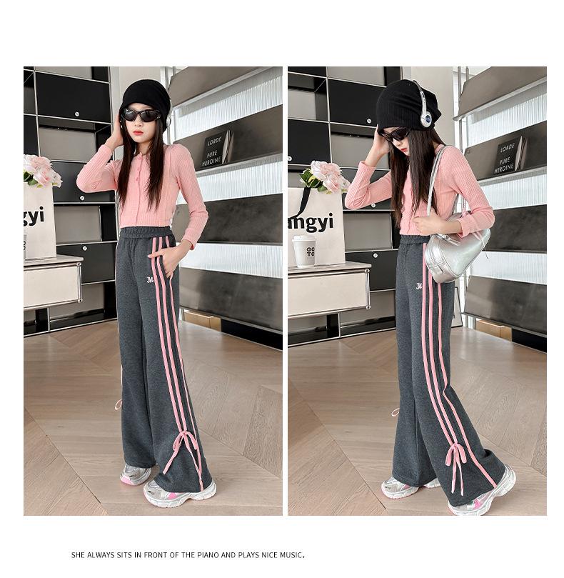 Спортивные брюки клеш с высокой талией и полосками для девочек, с бантом, для детей среднего и старшего возраста