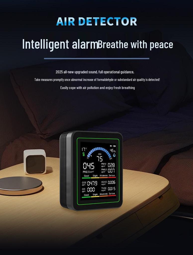 AirGuard 10-in-1 Home Monitor: Detects Formaldehyde, CO2, PM2.5, CO, Temperature & Humidity.