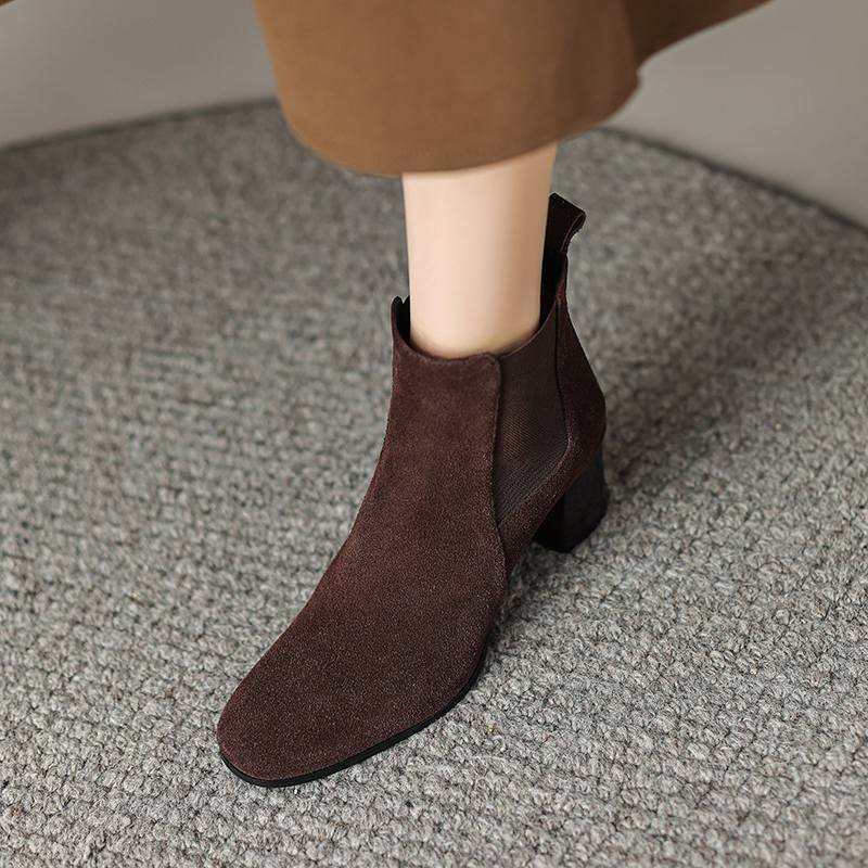 Krazing Pot Cow Suede Winter Round Toe Thick High Heels Modern Boots Women Slip On Office Lady Big Size 42 Ankle Boots