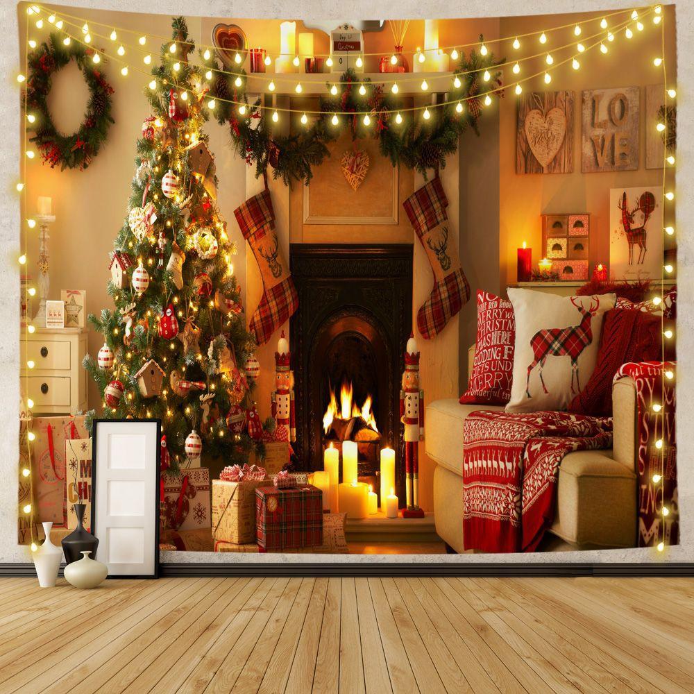 Подарочное украшение с рождественской елкой, камин, гобелен с принтом, украшение для дома, гостиной, спальни, гобелен