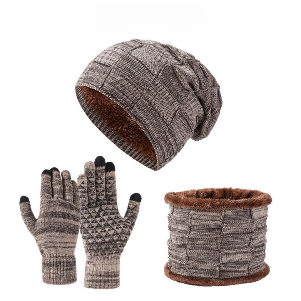 Hats, Knitted Hats, Men's and Women's Hats, Thick Hats, Velvet Hoods, Warm Gloves, Three Piece Set
