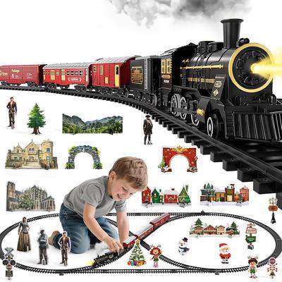 Набор поездов для детей 4-8 лет, Электрическая игрушка-поезд с реалистичным звуком, светом и дымом для под рождественскую елку, Модельные поезда для малышей