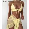 New With Sarong Halter Ruffled Bikini Women Swimwear Female Swimsuit Three-pieces Bikini Set Bather Bathing Suit Swim Lady