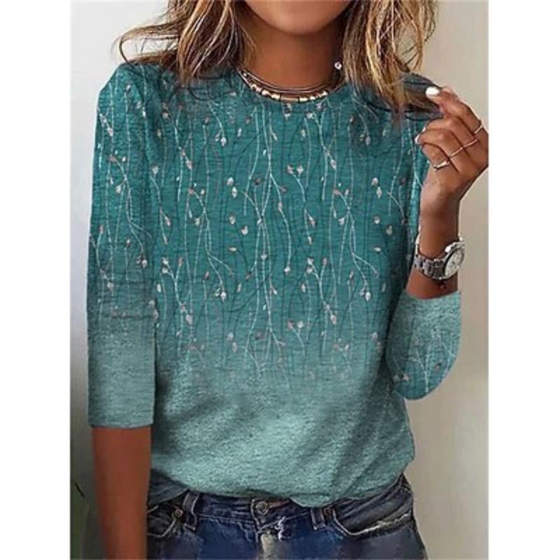 3D Printing Women's T Shirt Tee Floral Print Holiday Weekend Elegant Fashion Basic Long Sleeve Round Neck Blue Fall & Winter