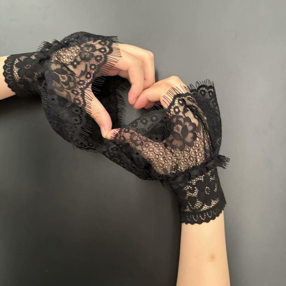 1 Pair Lace Ruffles Fake Cuffs Multi Layer Pleated Flare False Gloves Floral Pattern White Black Elbow Sleeve Cuff