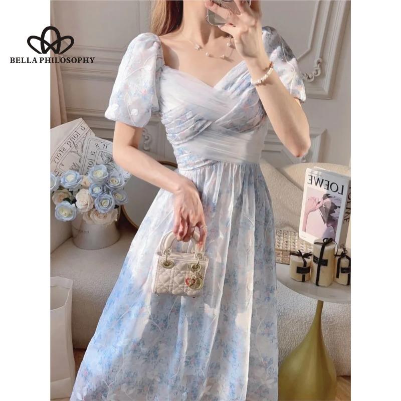 Новое летнее элегантное платье с короткими рукавами во французском стиле в стиле ретро. Элегантное длинное платье с пышными рукавами и принтом высокого класса.