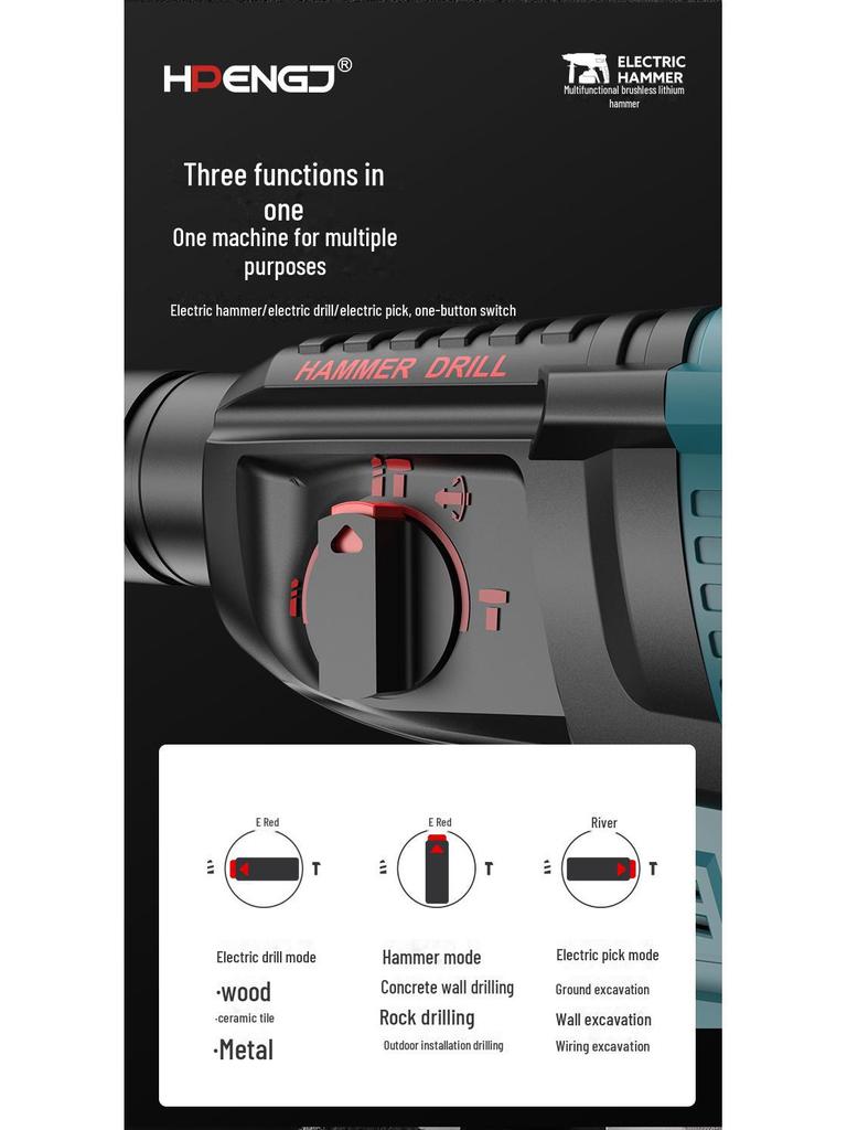 21 В бесщеточный аккумуляторный электрический перфоратор, мощный беспроводной ударный инструмент по бетону, литиевый электрический отбойный молоток двойного назначения