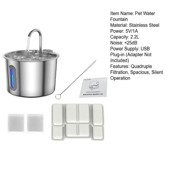 Фонтан для воды 2,2 л из нержавеющей стали, тихий фонтанчик для питомцев с четверным