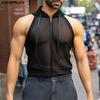 Men Sleeveless Zipper Mesh Sheer Backless Party Hooded Tank Tops