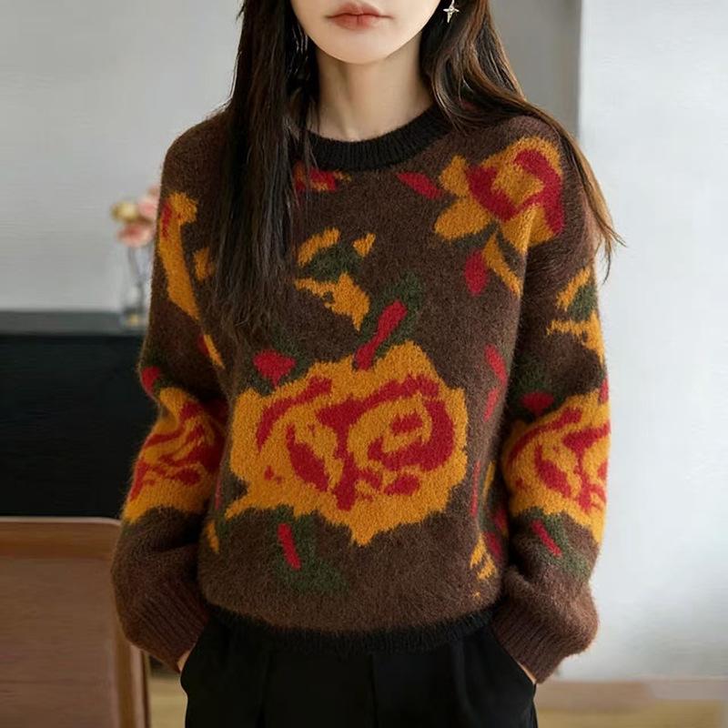 Women's Autumn Winter Rose Jacquard Sweater - Thick, Loose Knitwear with Fashion Design