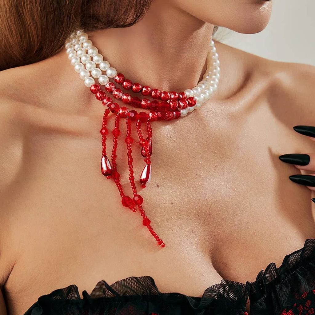 IngeSight.Z Multilayer Goth Red Blood Pattern Imitation Pearl Crystal Tassel Necklace Bracelet Women Vintage Luxury Jewelry Set