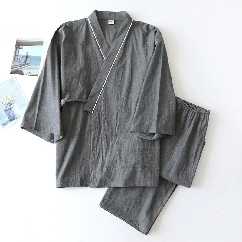 Весна/Осень Кимоно Мужская Пижама Мужская Одежда Для Сна Мужской Тонкий Девятый Рукав Шнуровка Топ + Брюки Свободный Двухсекционный Домашний Костюм