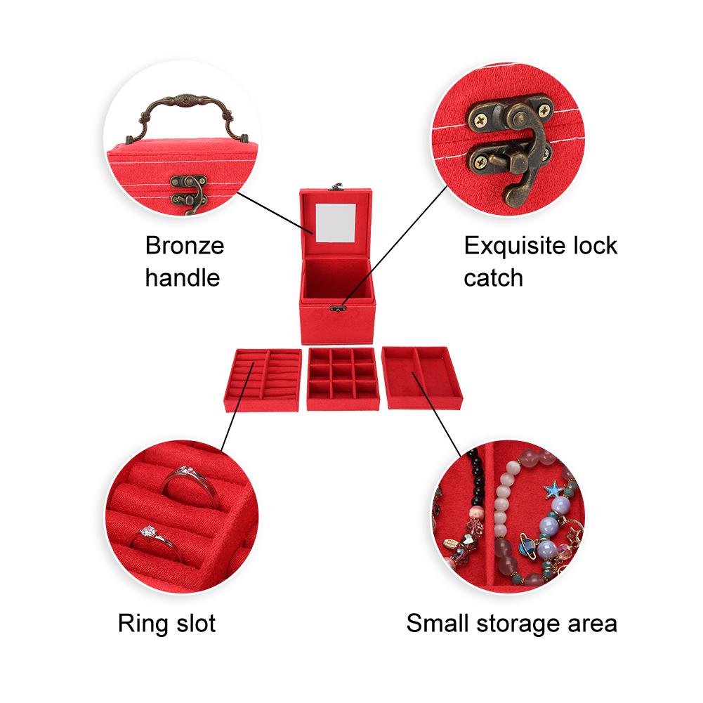 Деревянный красный однотонный трехслойный футляр для хранения ювелирных изделий