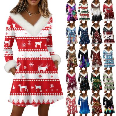 Женское платье-пуловер с длинным рукавом, повседневное, с V-образным вырезом, длиной до колена, с карманами