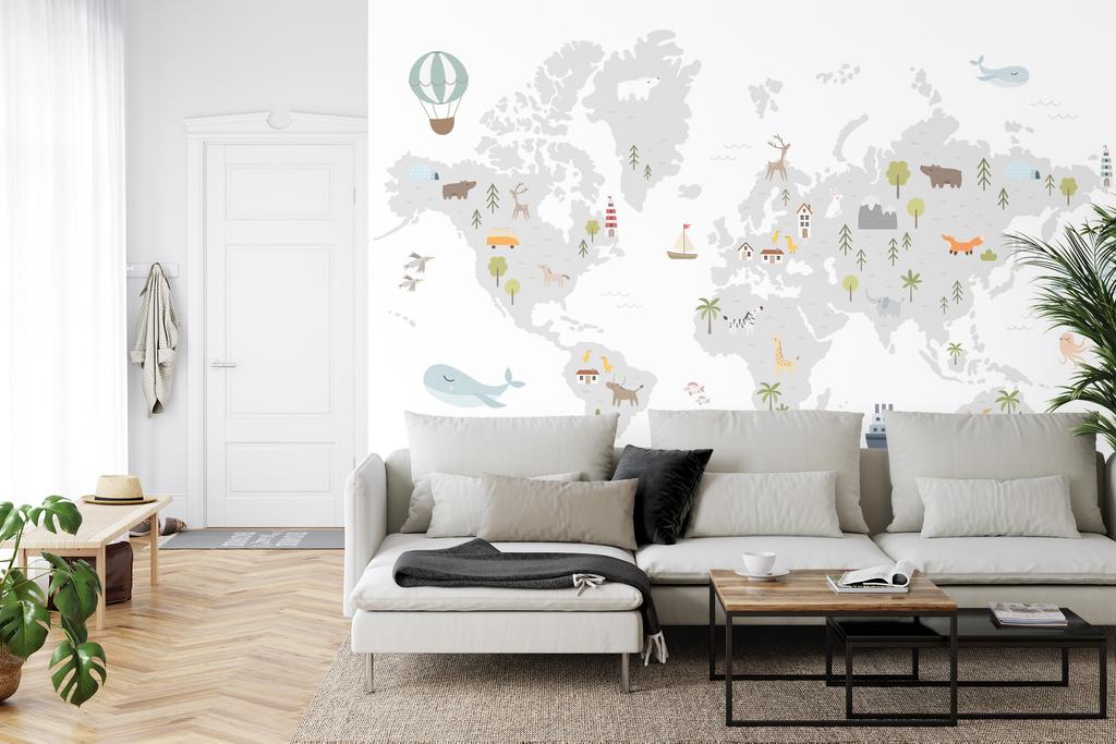 Photomural World Map With Cute Animals In Cartoon Style. Map For Nursery, Kids Room With Nature, Animals, Transports. Scandi Smooth Vinyl 360x240