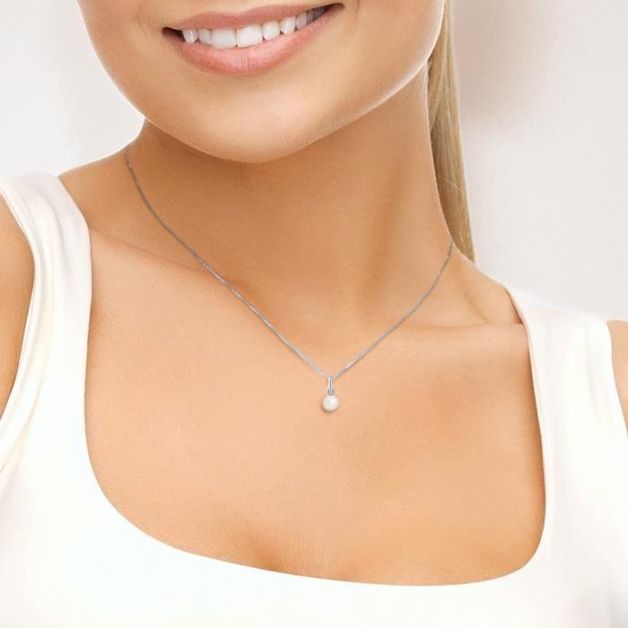 Pendant - PERLINEA - Genuine Freshwater Cultured Pearl 6-7 Mm - White Gold - 42 Cm Silver Chain