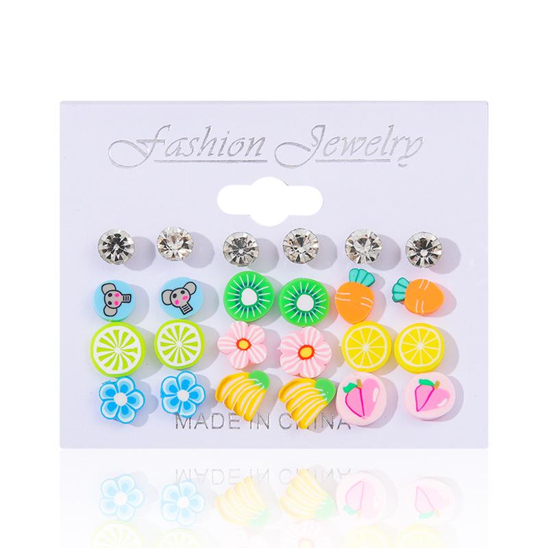 Pattern random summer cartoon stud earrings set children's fruit earrings versatile sweet cute stud earrings