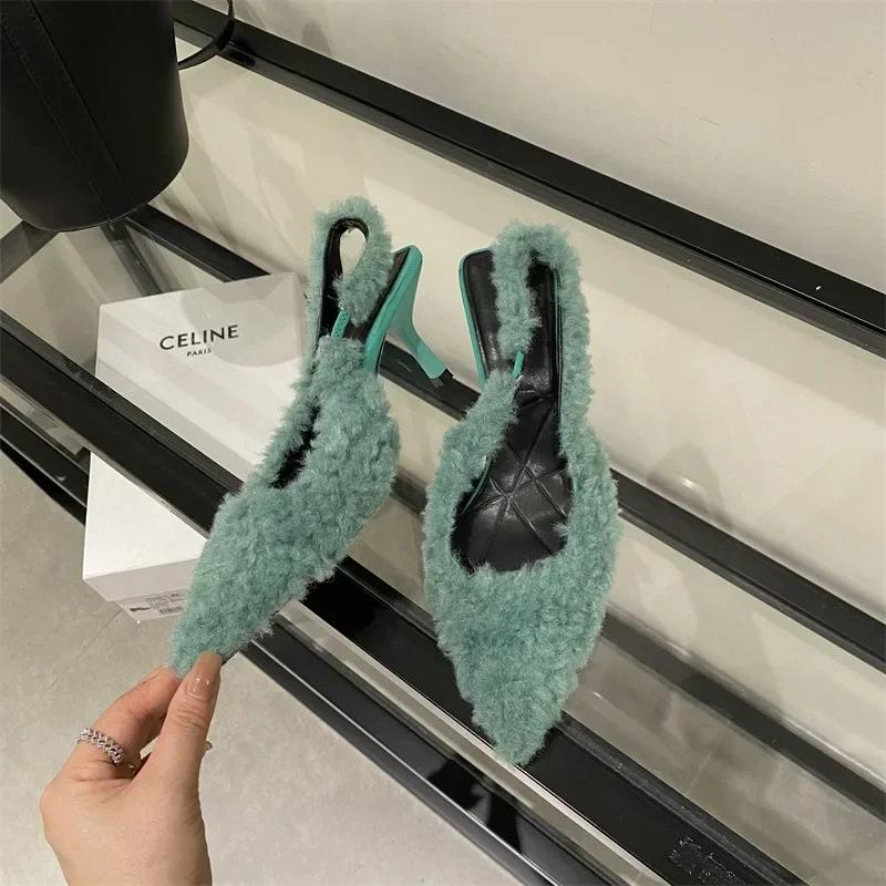 Плюшевые шлепанцы на высоком каблуке, женские модные элегантные тапочки с острым носком из овечьей шерсти, женские роскошные плюшевые вечерние туфли-лодочки, 2024