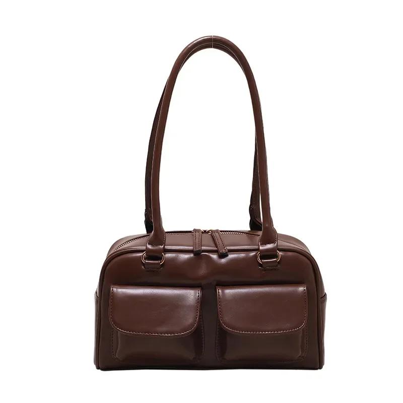 Retro Red Women's Satchel Hobo Bag Patent Leather Multi Pocket Luxury Designer Handbag Female Shoulder Underarm Bag Tote Purses