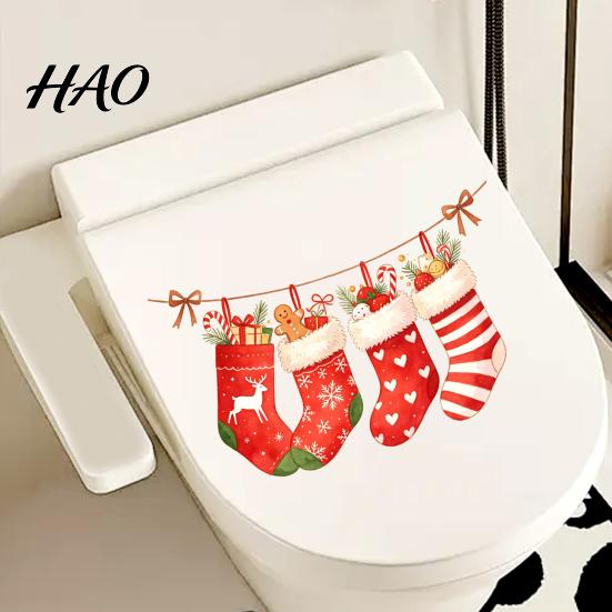 Holiday Home Interior Decorations Christmas Stocking Toilet Stickers, Waterproof PVC Bathroom Decals for Festive Wall Decor Decoration, Red Watercolor