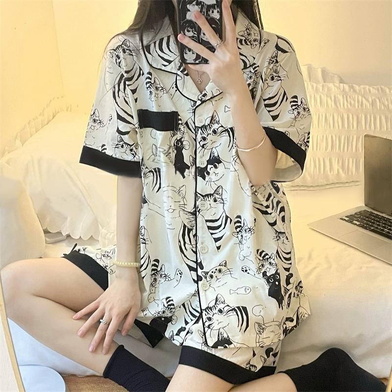 Spring Summer Short Sleeve Pajamas for Woman Korean 2 Piece Women Set Silk Fashion Sleepwear Cute Cartoon Cat Print Pink Satin Pajama Set Young Girl