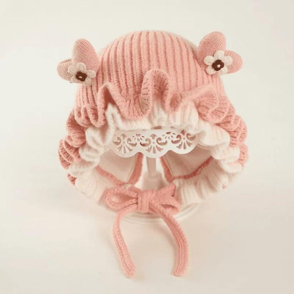Lace Ruffle Trim Princess Knitted Hat Elastic Soft Kids Beanie Cap Baby Earflap Hat Baby Toddlers