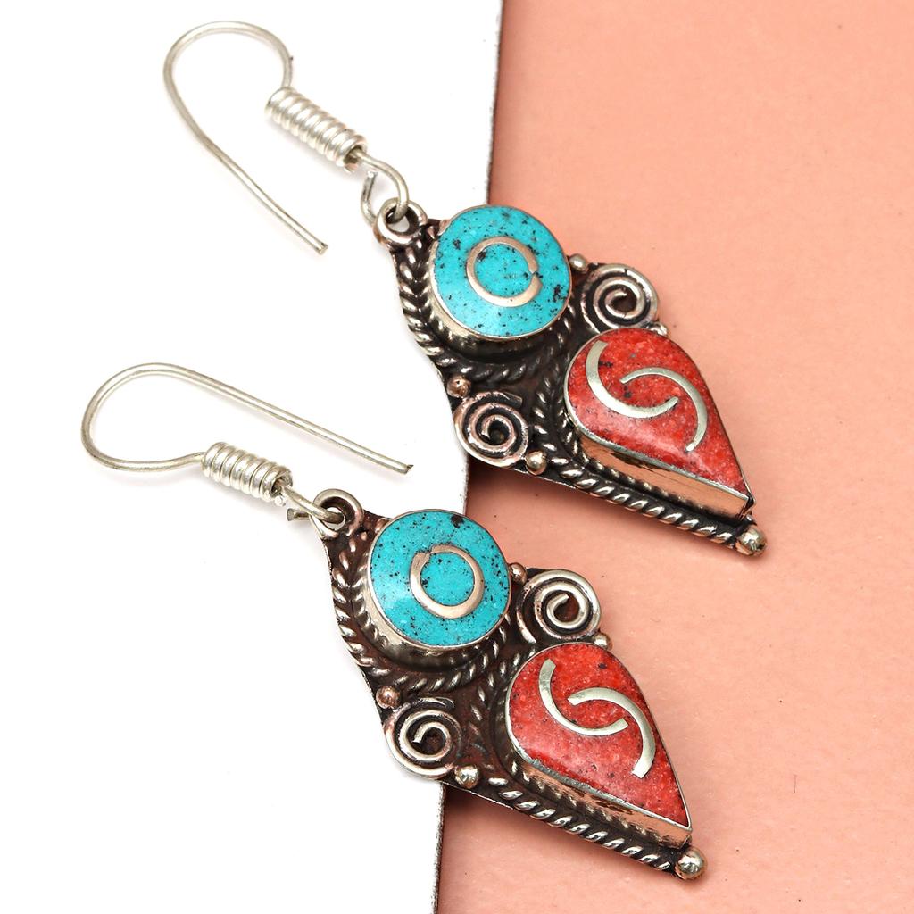 Tibetan Turquoise Coral Red Earrings Nepali Tribal 12gms 1.5" 1.6" Chunky Gift
