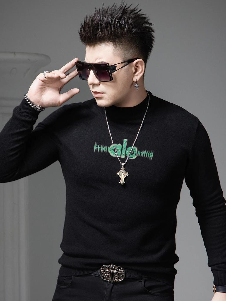 European Goods Trendy Brand Letters Print Sweater Men's Autumn and Winter Casual Long sleeve Bottoming Shirt Men's Half-high Collar Knit