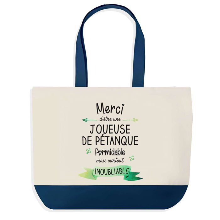 Tote bag - PLANETEE - Sac shopping fond bleu - Merci Joueuse de Pétanque - Coton - 40x45 cm