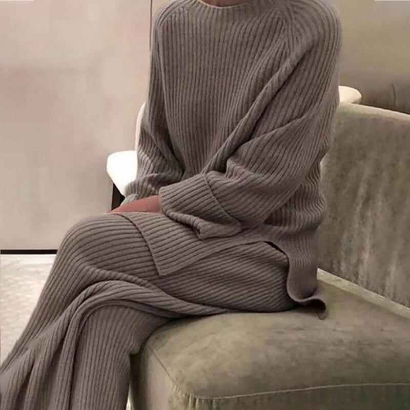 Women Knitted Coat Autumn Winter O-Neck Sweater 2 Piece Set Solid Fashion Ladies Pullover Wide Tops Pants Home Leg Suit