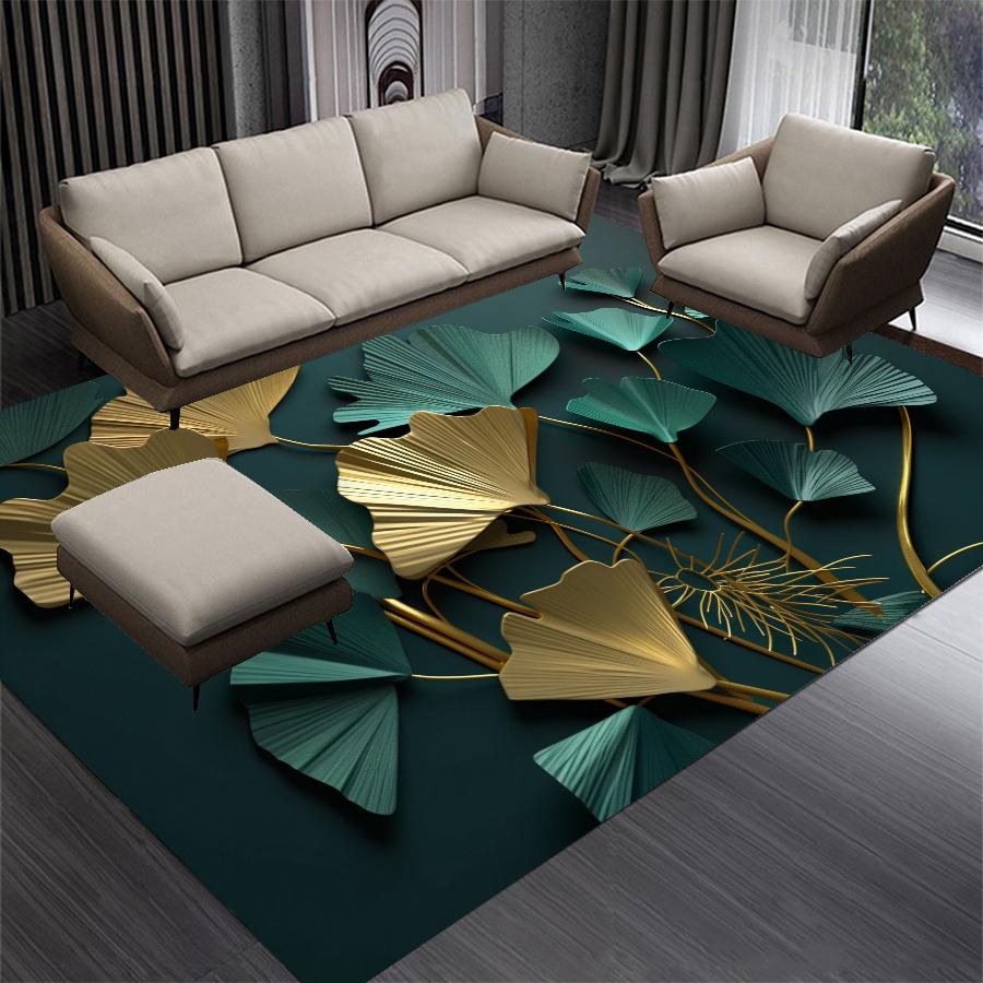 Luxury Green Golden Leaves Carpet Living Room Decoration Bedroom Carpet Washable Lounge Sofa Area Rug Big Size Coffee Tables Mat
