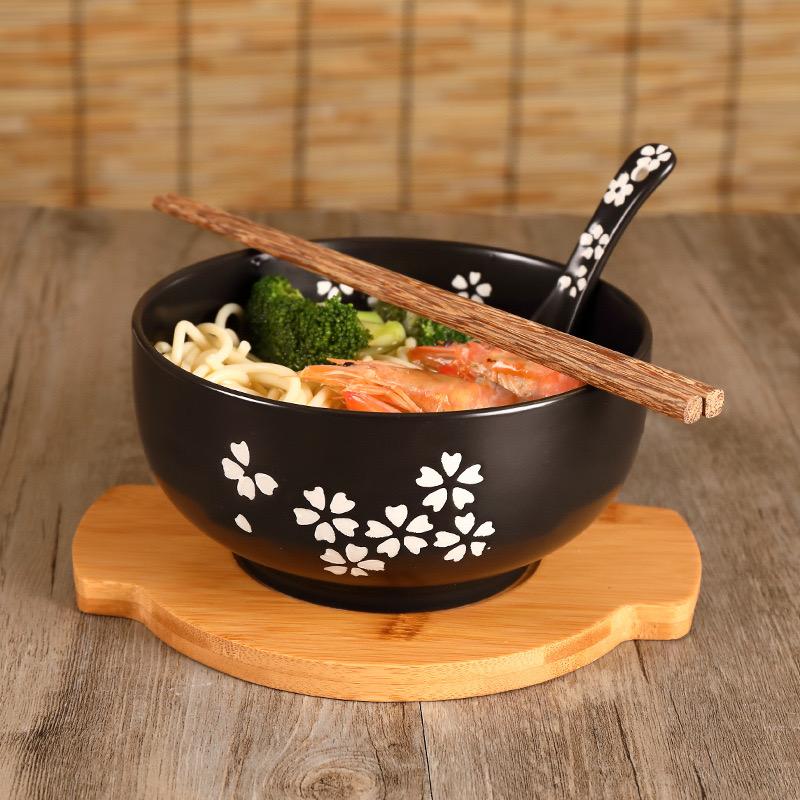 Керамическая японская миска для рисовой лапши с крышкой, ложкой, палочками, кухонная посуда, салатница, супница, еда, кухонные аксессуары, подарок